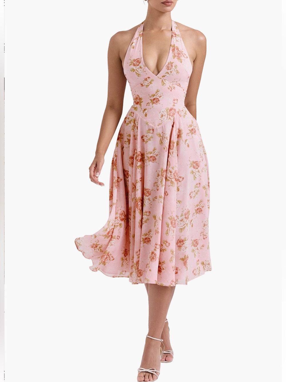 NWT House of CB Solada English Vintage Rose Print Georgette Halter Sundress